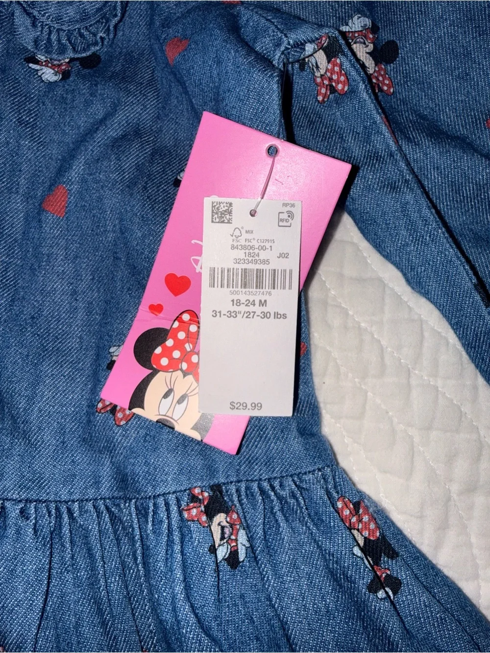 Girl's Blue Denim Minnie Mouse Print Dress 18-24M NWT